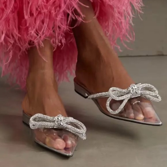 MACH & MACH Shoes - MACH & MACH Double Bow Crystal embellished Pvc silver Metallic flats IT 41